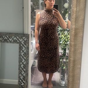 Saks Fifth Ave 100% Cashmere Sleeveless Midi Leopard Cheetah Print Knit Dress, M